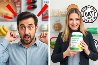 Confused person vs. confident person choosing diet supplements